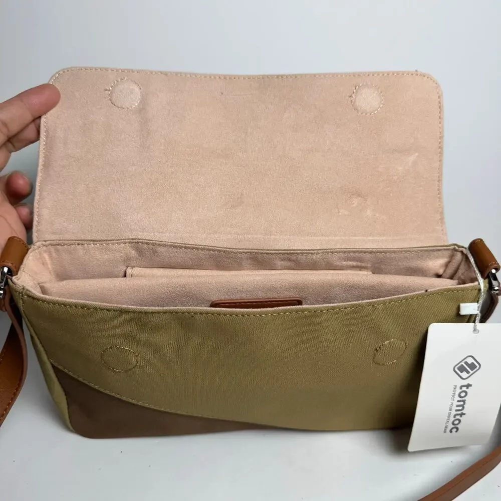 tomtoc Canvas Crossbody Shoulder Messenger Bag Khaki Brown Tablet Travel Case